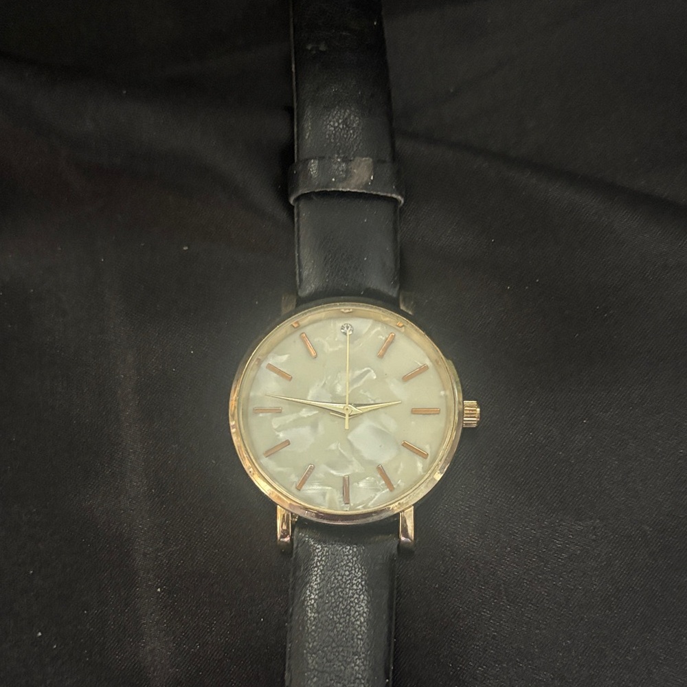 Gold-Tone Watch with Mother-of-Pearl Dial and Black Leather Strap